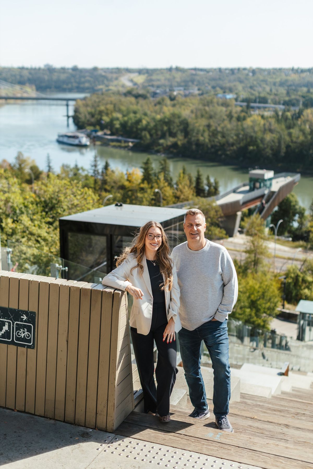 Brooklyn Pereira and Brad Richardson at the top of the 100 Street Funicular above the river valley